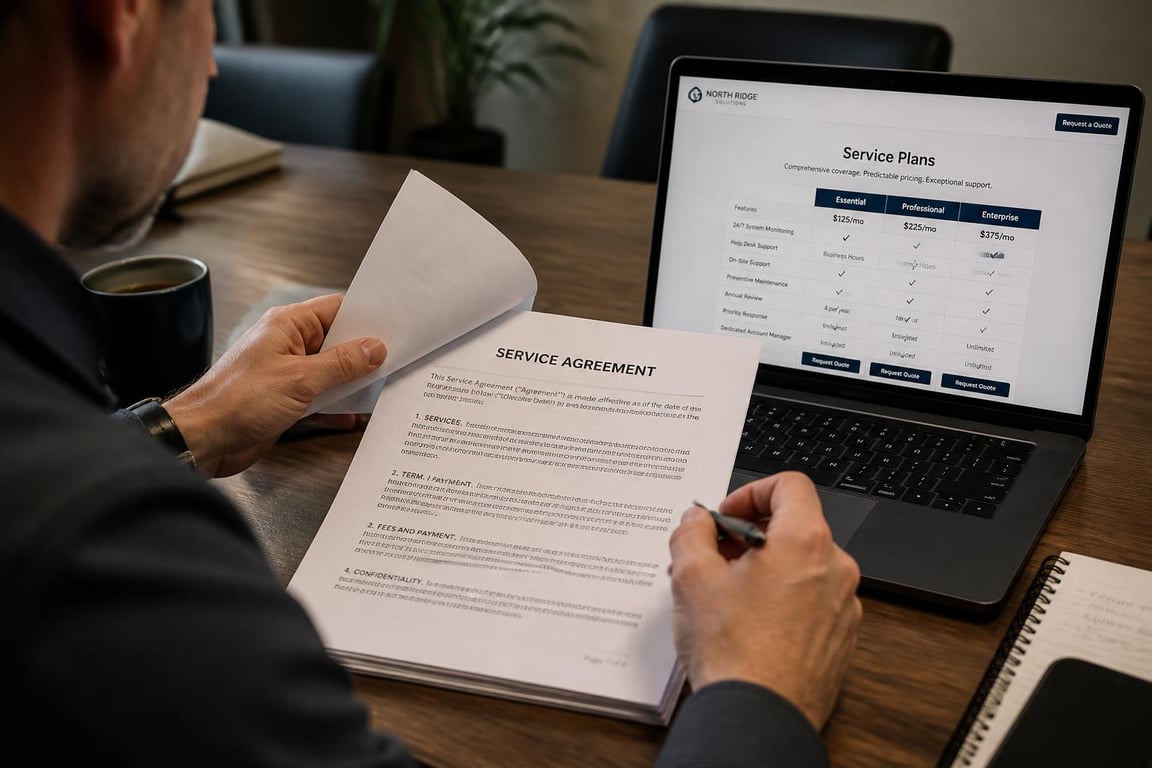 Business owner reading a printed article writing service contract with a vendor pricing page open on a laptop beside the document