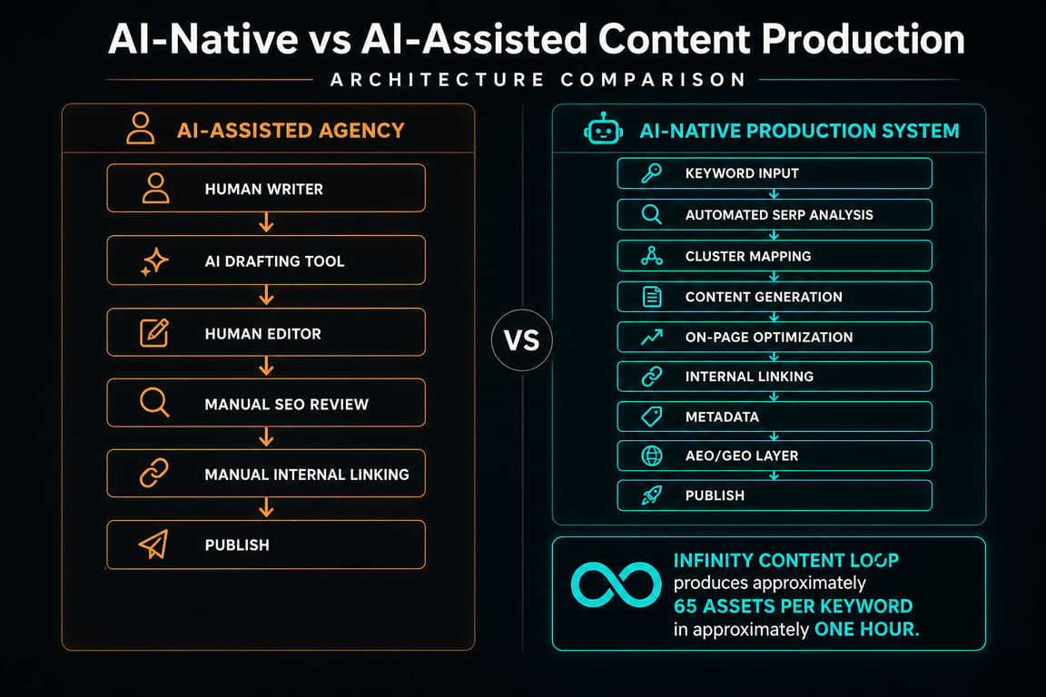 Comparison chart showing steps in AI-Assisted Agency content production versus AI-Native Production System with automation details.
