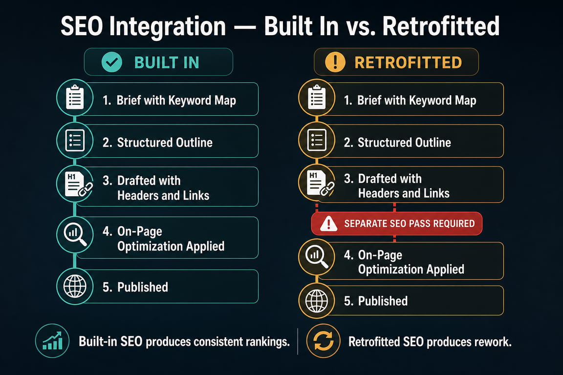 Infographic: SEO integration builtin vs retrofitted, what services content creators provide