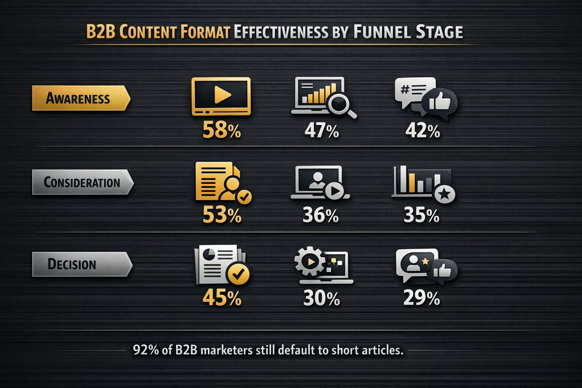 B2B content format effectiveness by funnel stage showing video, articles, and social media percentages for awareness, consideration, and decision.