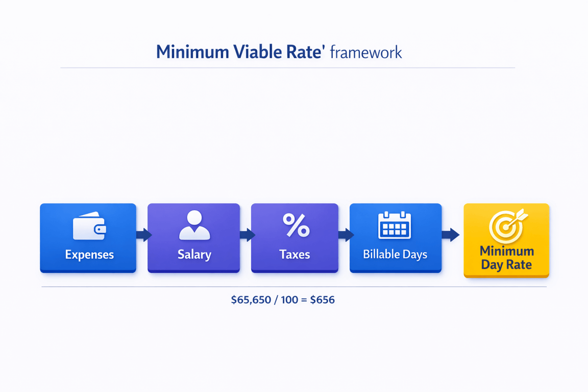 Minimum Viable Rate framework showing expenses, salary, taxes, billable days, and calculated minimum day rate.