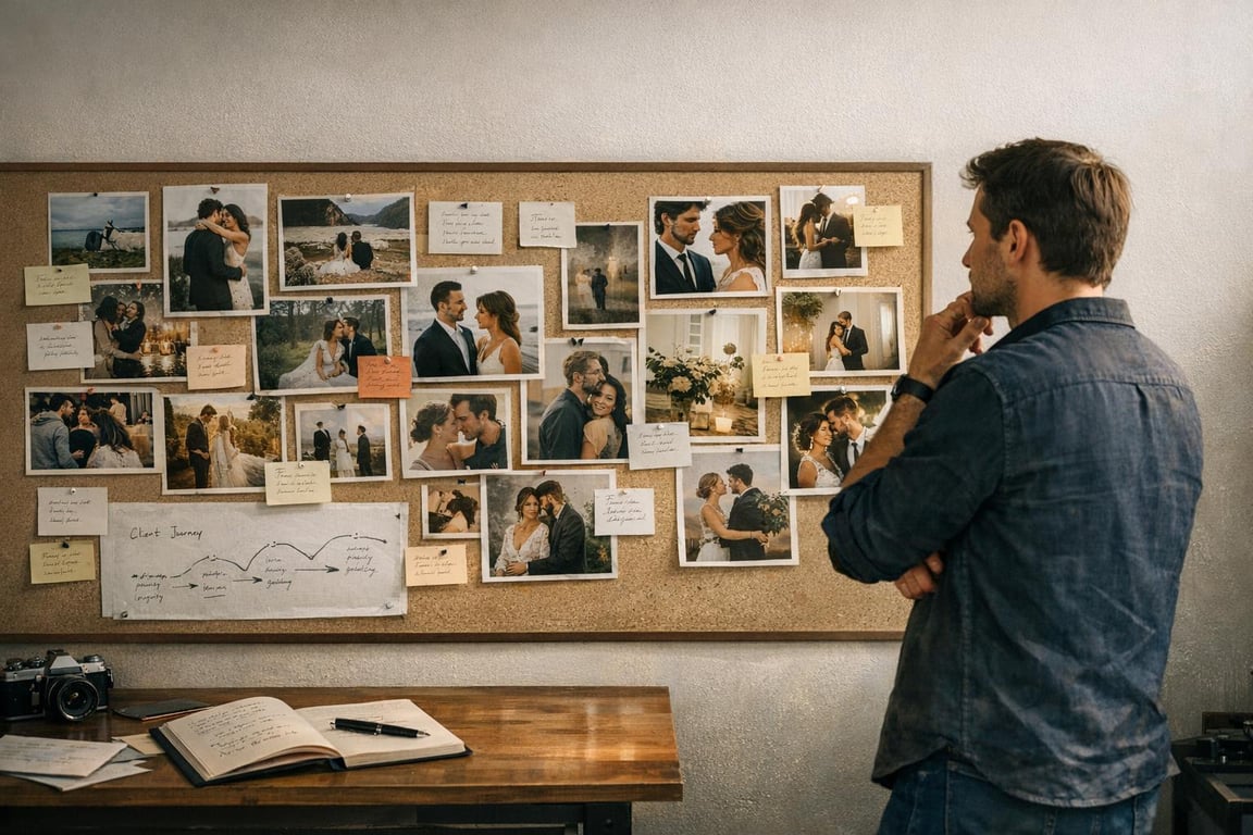 Man in denim shirt analyzing a corkboard with wedding photos, notes, and a client journey diagram in a workspace.
