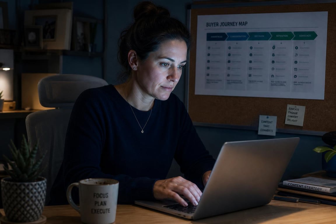 Business owner building a B2B content calendar on a laptop at night with a buyer journey map pinned to the wall behind her