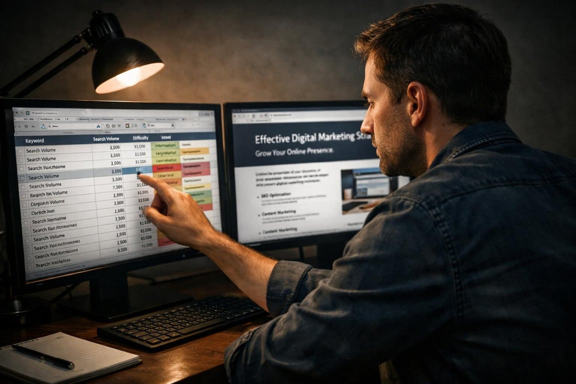 Man analyzing keyword search volume and difficulty data on dual monitors in a dimly lit workspace.