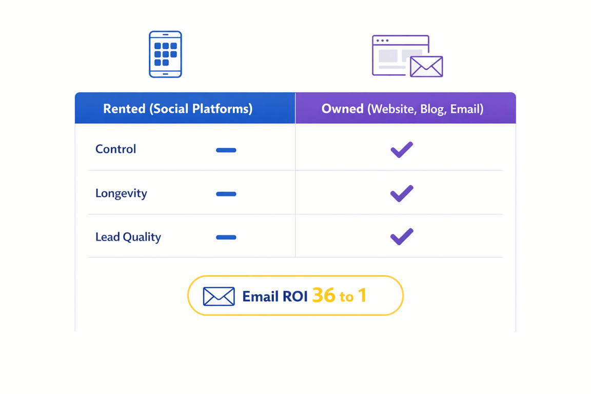 Comparison chart showing rented social platforms vs owned media with control, longevity, lead quality advantages and email ROI 36 to 1.