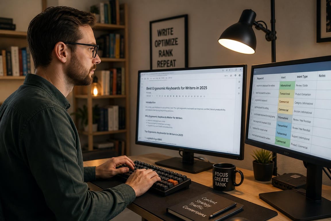 SEO content writer at home studio desk mid-draft with keyword intent spreadsheet on secondary monitor, focused professional workspace