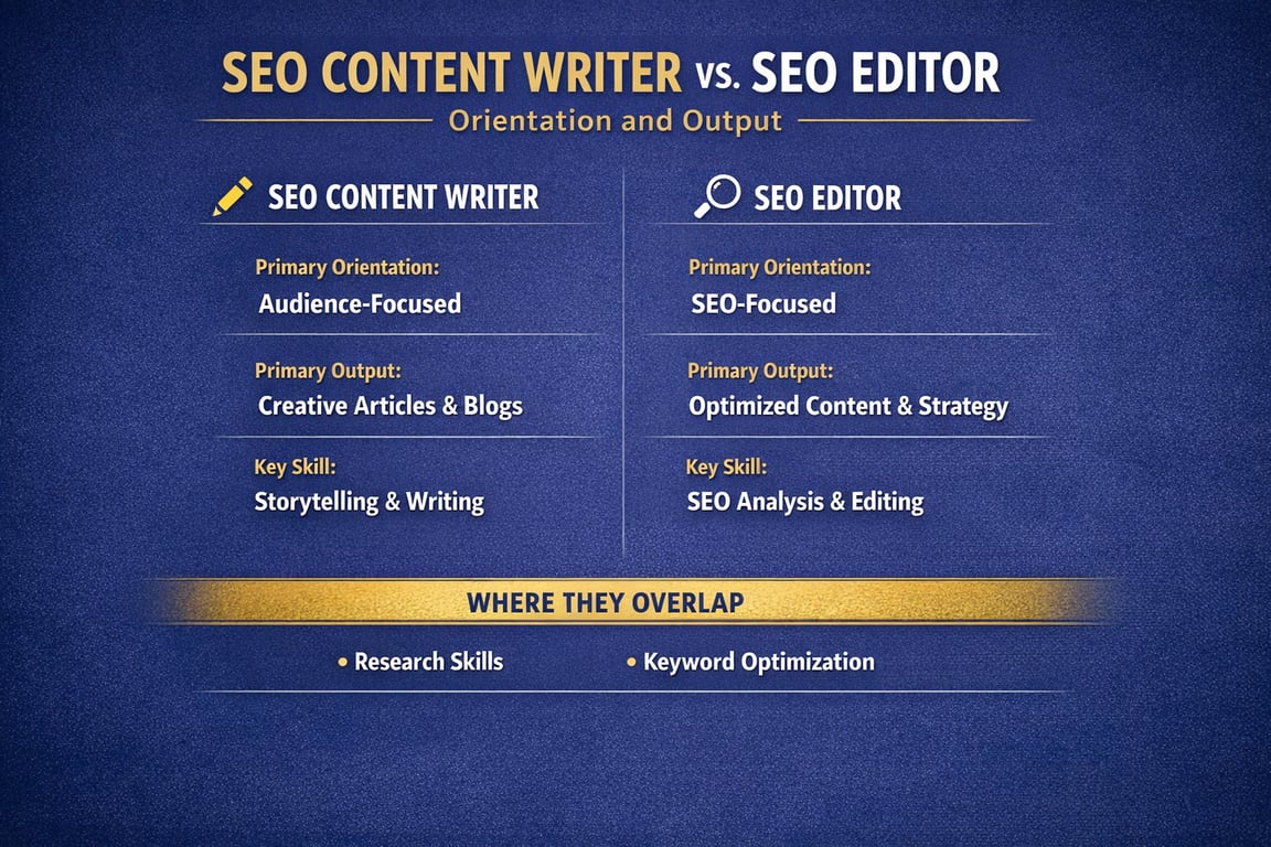 Comparison of SEO Content Writer and SEO Editor roles, highlighting orientation, output, key skills, and overlapping expertise.