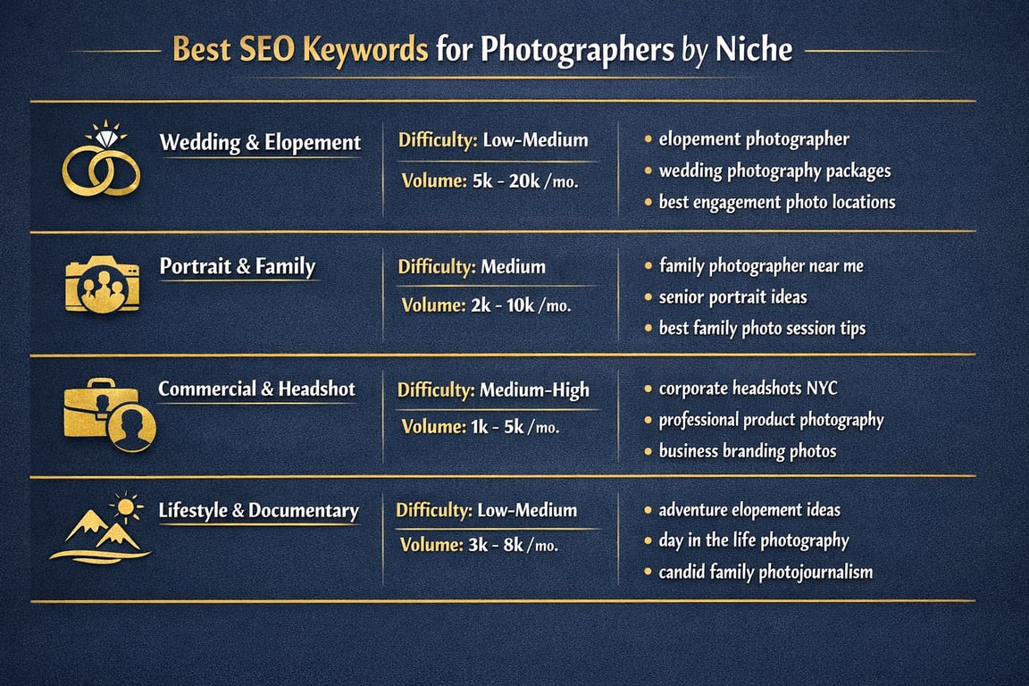 Best SEO keywords for photographers by niche, including wedding, portrait, commercial, and lifestyle with difficulty and search volume stats.