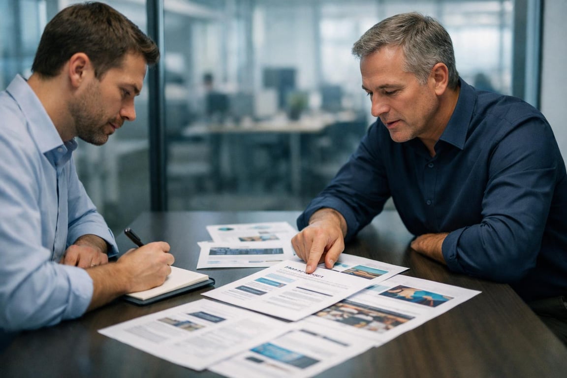 Two businessmen reviewing printed marketing reports and documents during a meeting in a modern office.