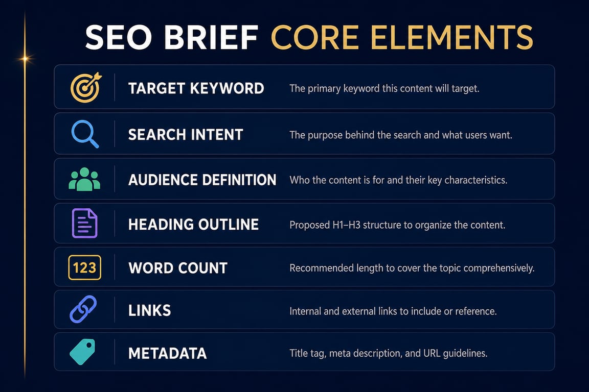 SEO brief core elements infographic — seo brief