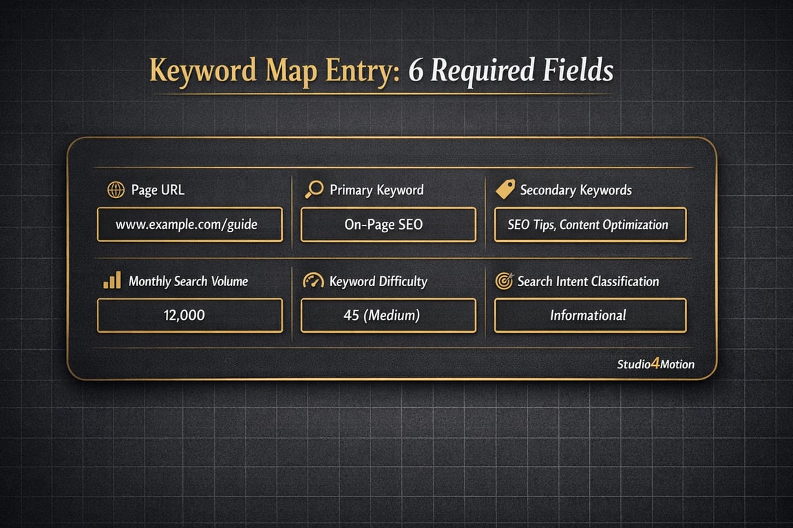 Keyword map entry showing required fields: page URL, primary keyword, secondary keywords, search volume, difficulty, and intent.