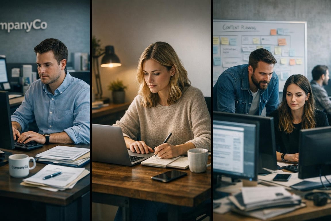 Man and woman working individually on laptops at desks, and two coworkers collaborating on a desktop computer in an office.
