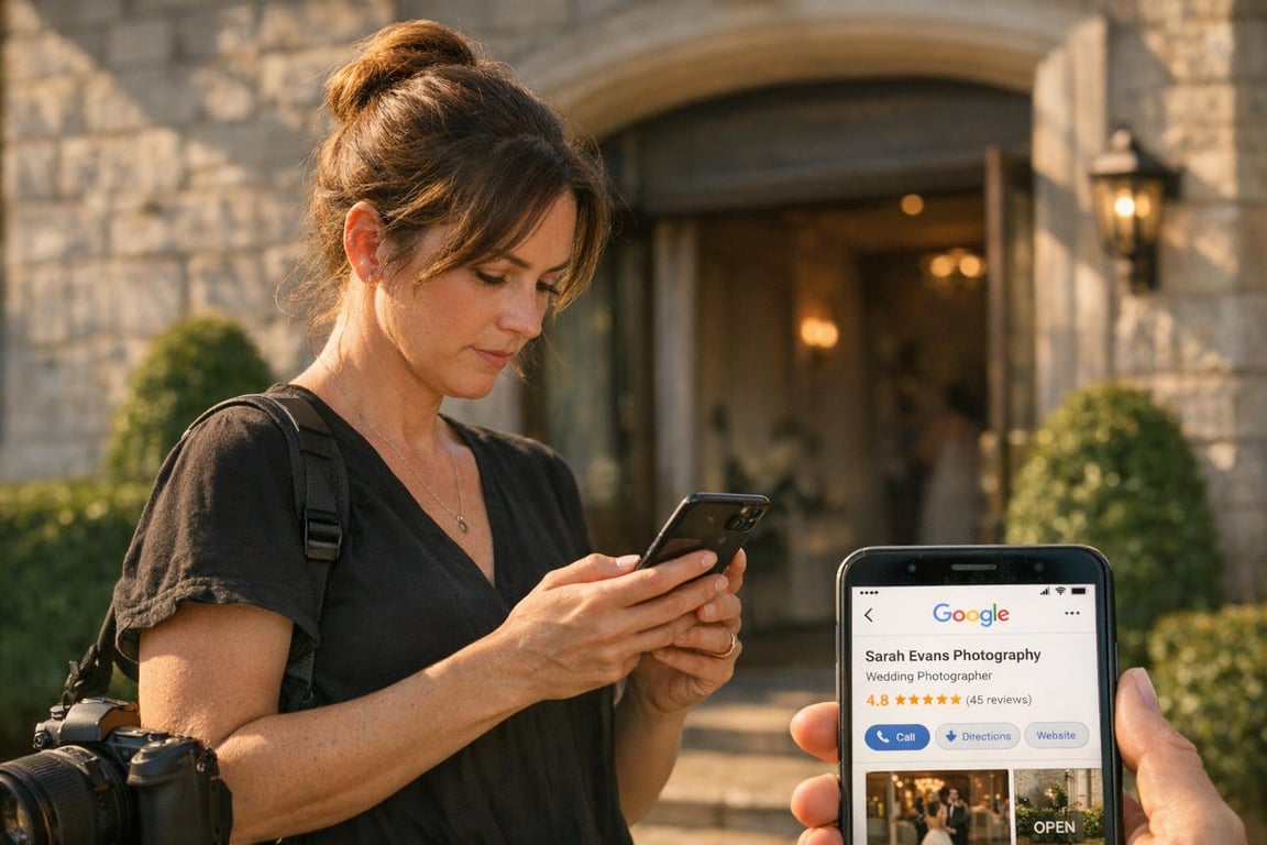Woman with camera texting on smartphone outside stone building while another phone displays a wedding photographer's Google business listing.