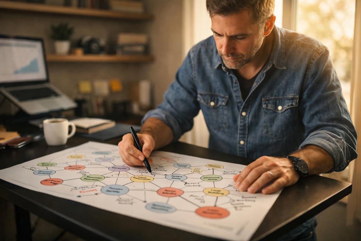 Man in denim shirt working on a detailed color-coded mind map chart at a desk with a laptop and coffee mug nearby.