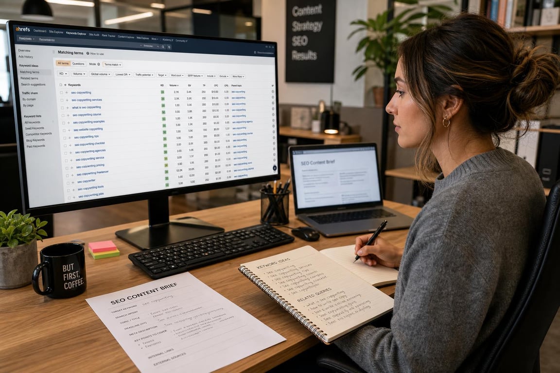 SEO copywriter at a wide desk with keyword research data on screen and a printed content brief alongside a notebook