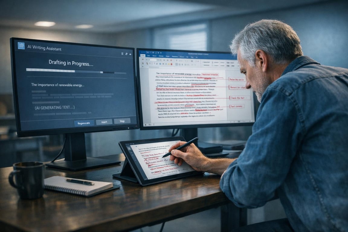 Man using stylus to edit text on tablet with dual monitor setup showing AI writing assistant and document editing software.