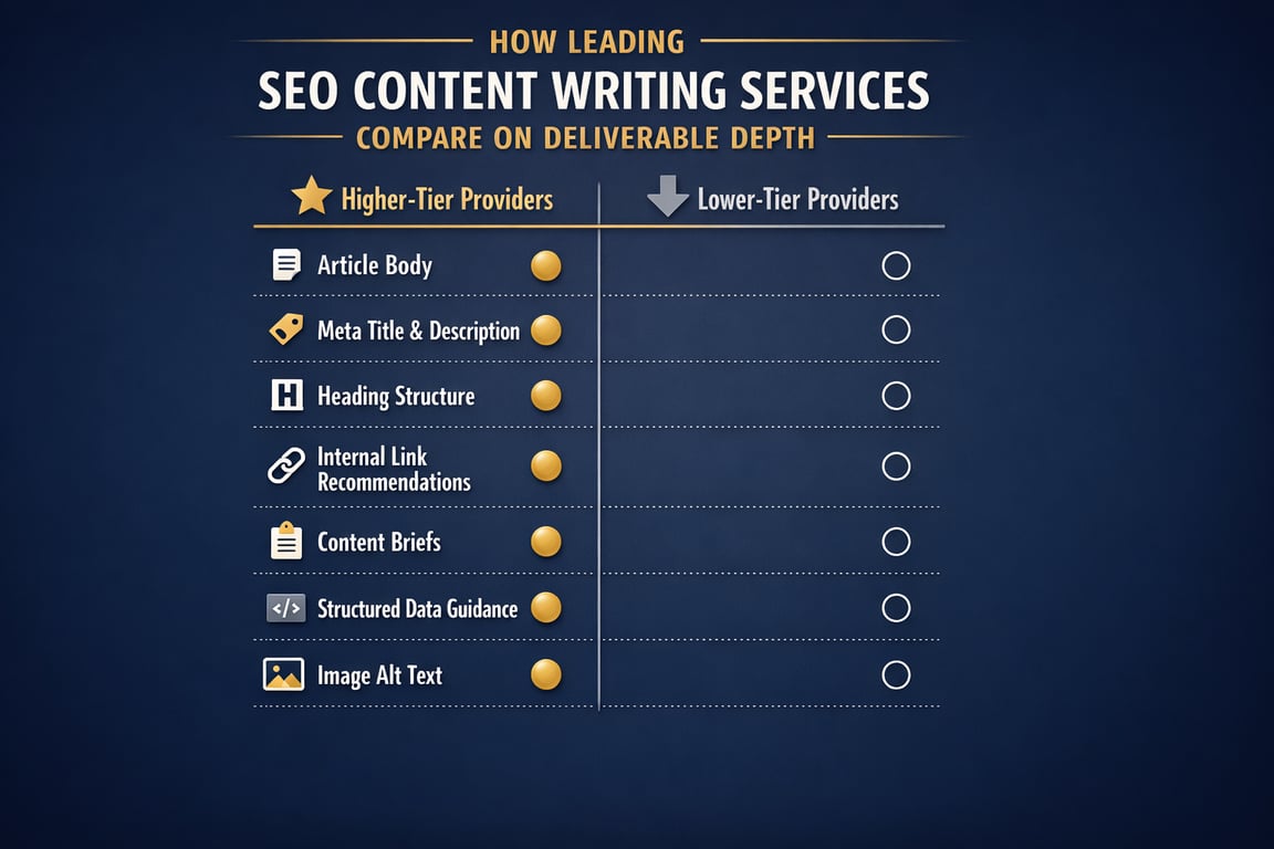 Comparison chart showing higher-tier SEO content writing services offering article body, meta title, headings, links, briefs, data guidance, and alt text.