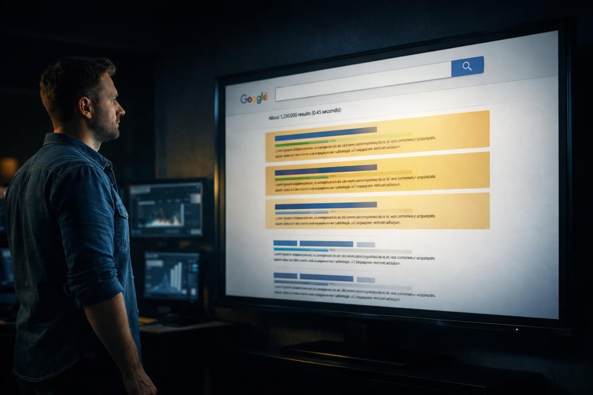 Man analyzing SEO search results and keyword rankings on a large monitor in a dark office setting.