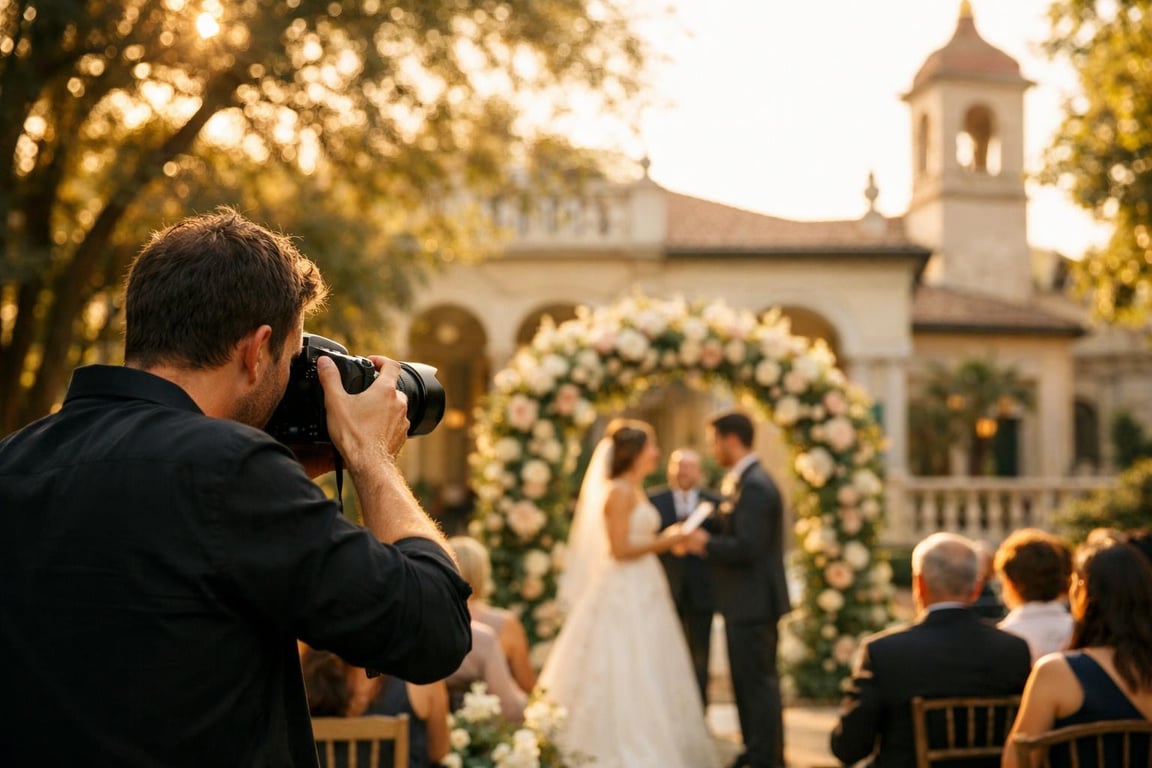Photographer capturing outdoor wedding ceremony with bride and groom standing under floral arch surrounded by guests.