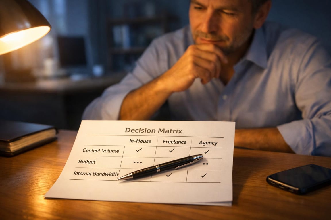 Man reviewing a decision matrix comparing in-house, freelance, and agency options for content volume, budget, and bandwidth.