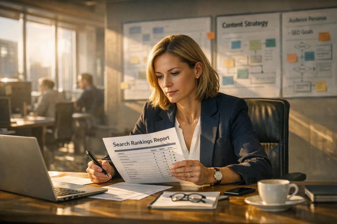 Businesswoman reviewing search rankings report at desk with laptop, documents, cup of coffee, and content strategy charts behind.