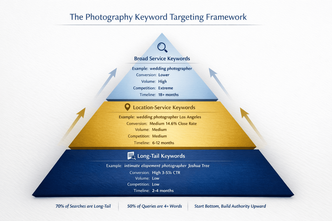 The Photography Keyword Targeting Framework pyramid showing broad service, location-service, and long-tail keywords with examples and metrics.