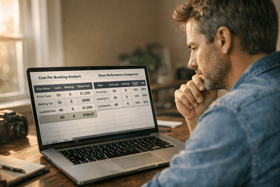 Man analyzing cost per booking and show performance comparison data on laptop screen at wooden desk.