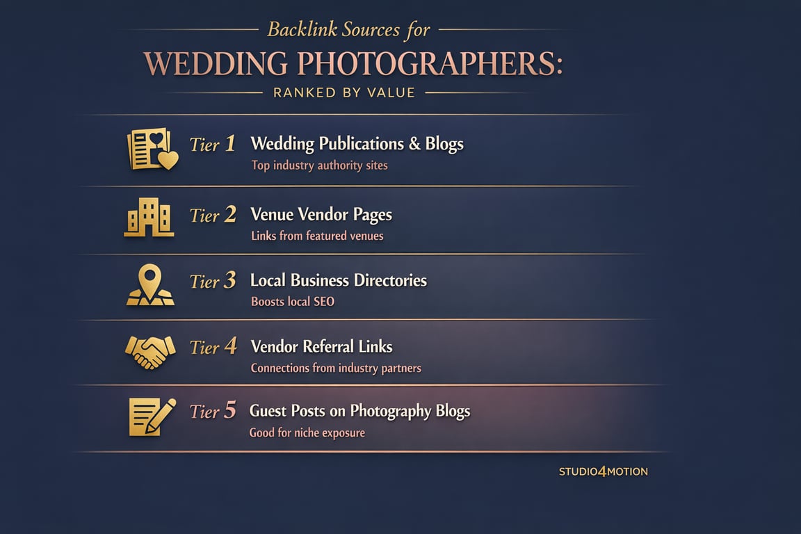Backlink sources for wedding photographers ranked by value from wedding blogs to guest posts on photography blogs.