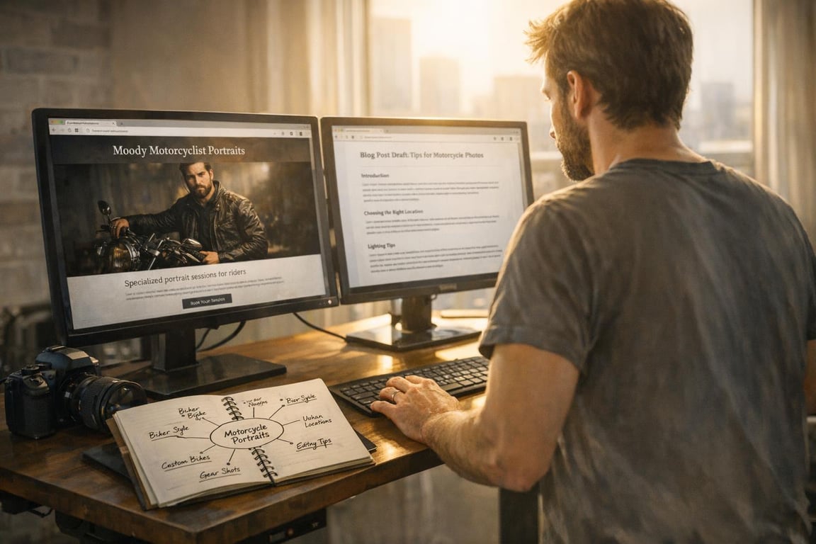 Man working on blog post draft about motorcycle portraits at dual monitors with camera and notebook on desk in warm light.