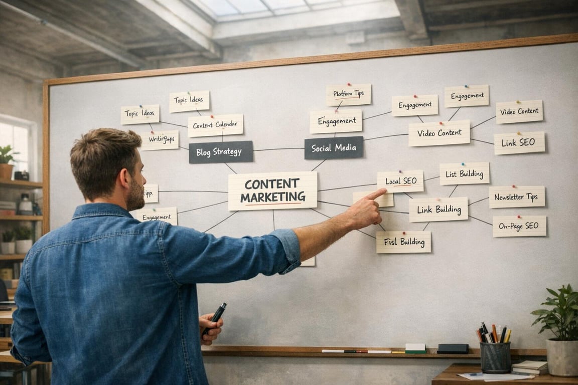 Man in denim shirt pointing at content marketing mind map with SEO, social media, and blog strategy on whiteboard.