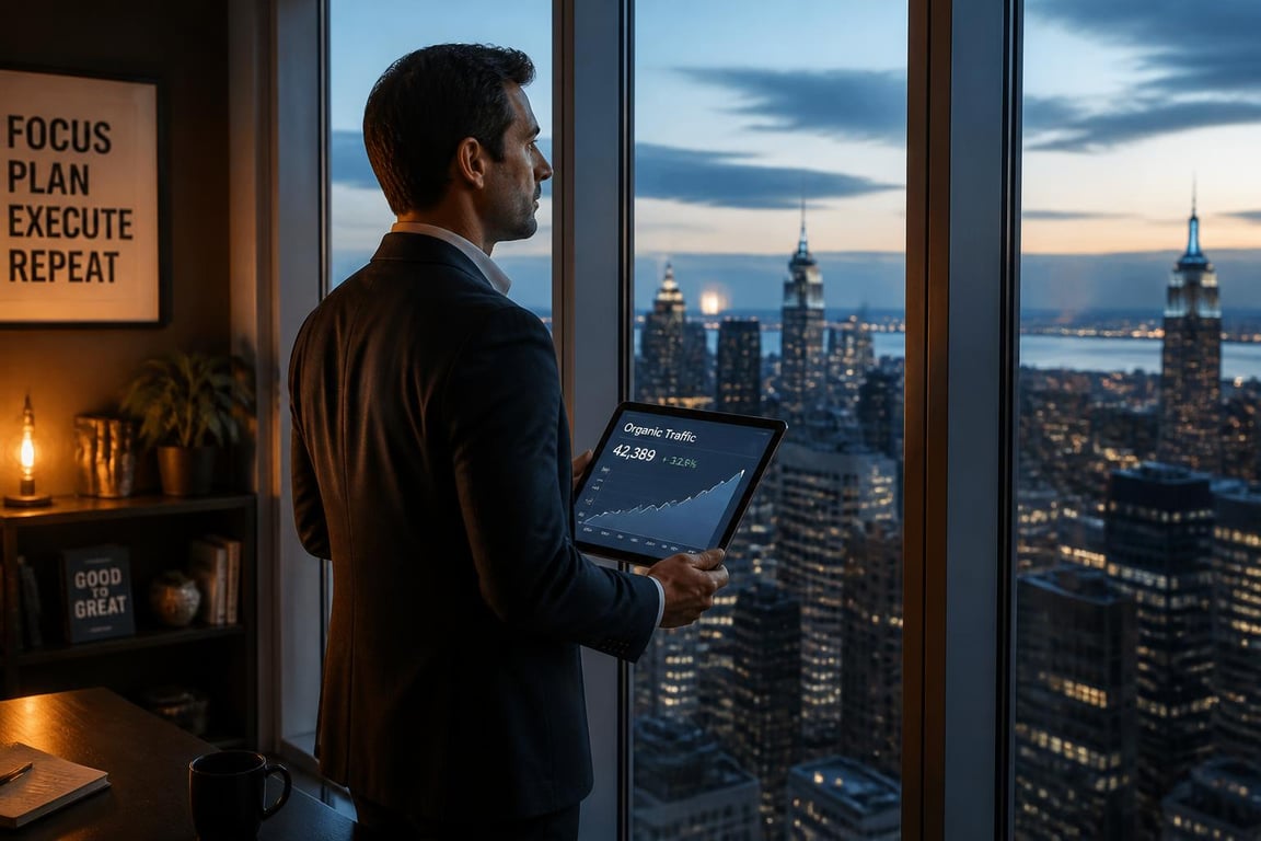 Business owner reviewing organic traffic growth chart on tablet at dusk office window, reflecting on SEO content writing ROI