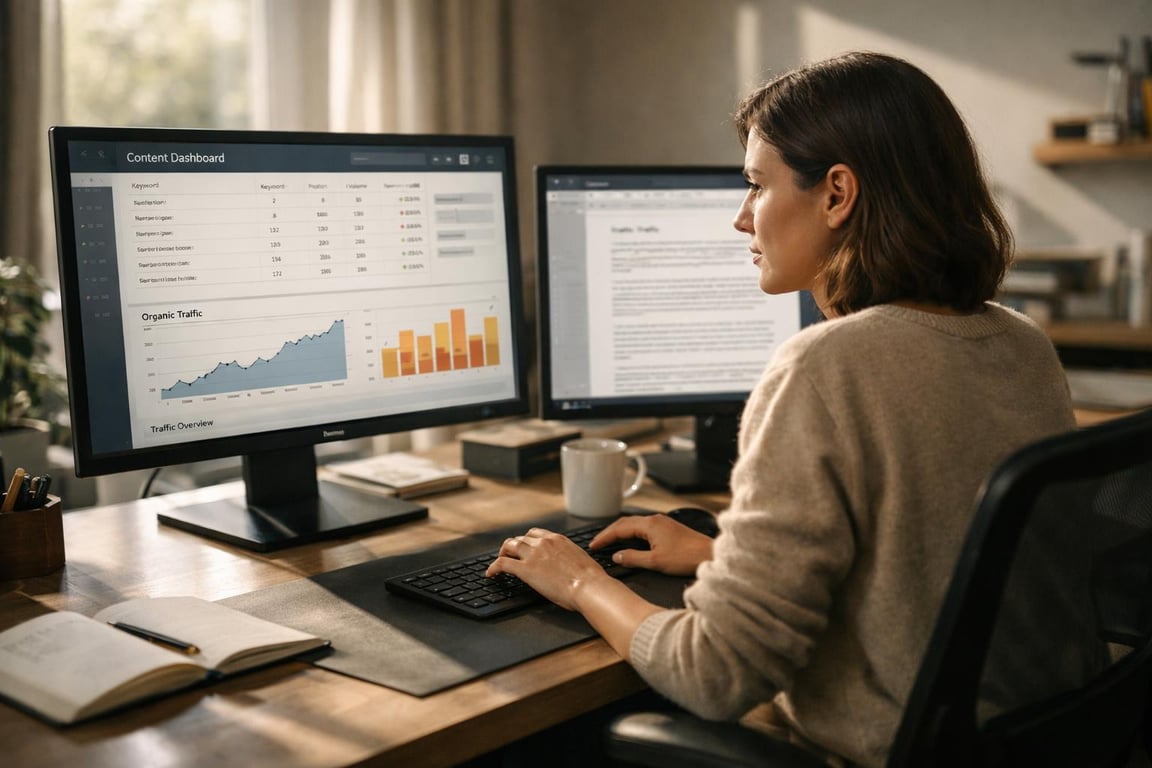 Woman analyzing content dashboard and organic traffic data on dual monitors in a home office setting.