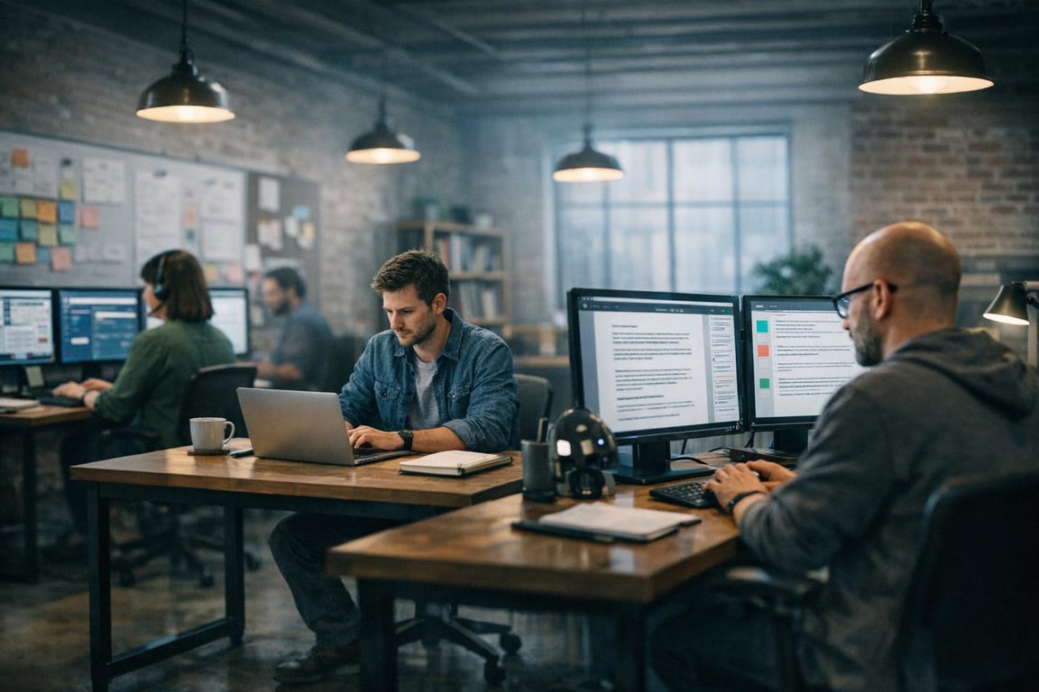 Modern office with employees focused on laptops and dual monitors, working in an open-plan space with exposed brick walls.