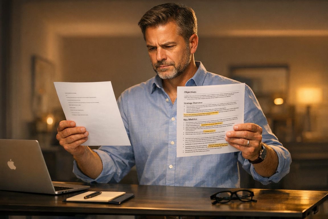 Man in blue shirt reviewing printed documents at desk with laptop, notebook, and glasses in warm indoor setting.