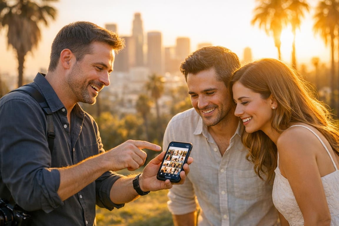 Three friends smiling and looking at photos on a smartphone outdoors with a city skyline and palm trees at sunset.
