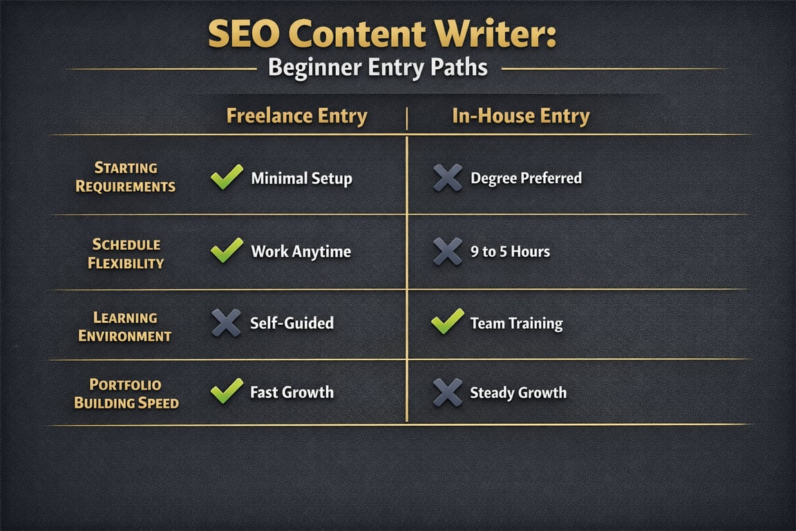 SEO content writer beginner paths compared between freelance and in-house entry for requirements, schedule, learning, and portfolio speed.
