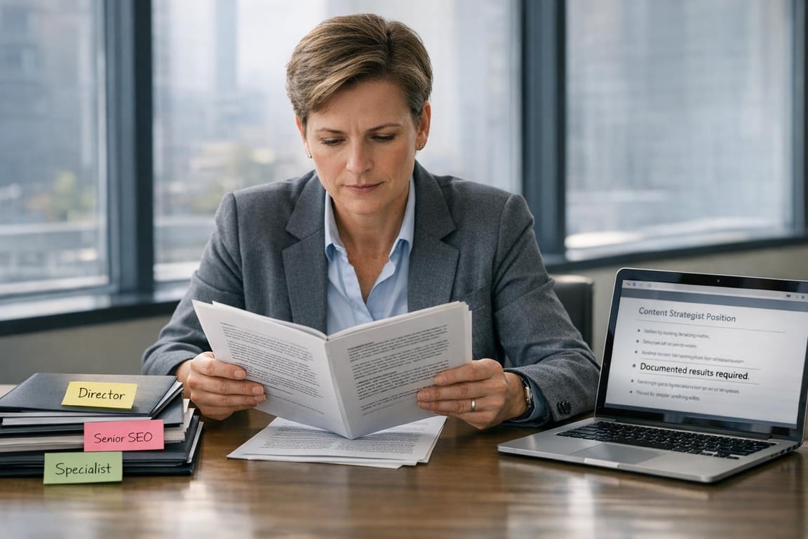 Businesswoman reviewing documents at desk with laptop showing content strategist job description and labeled folders.