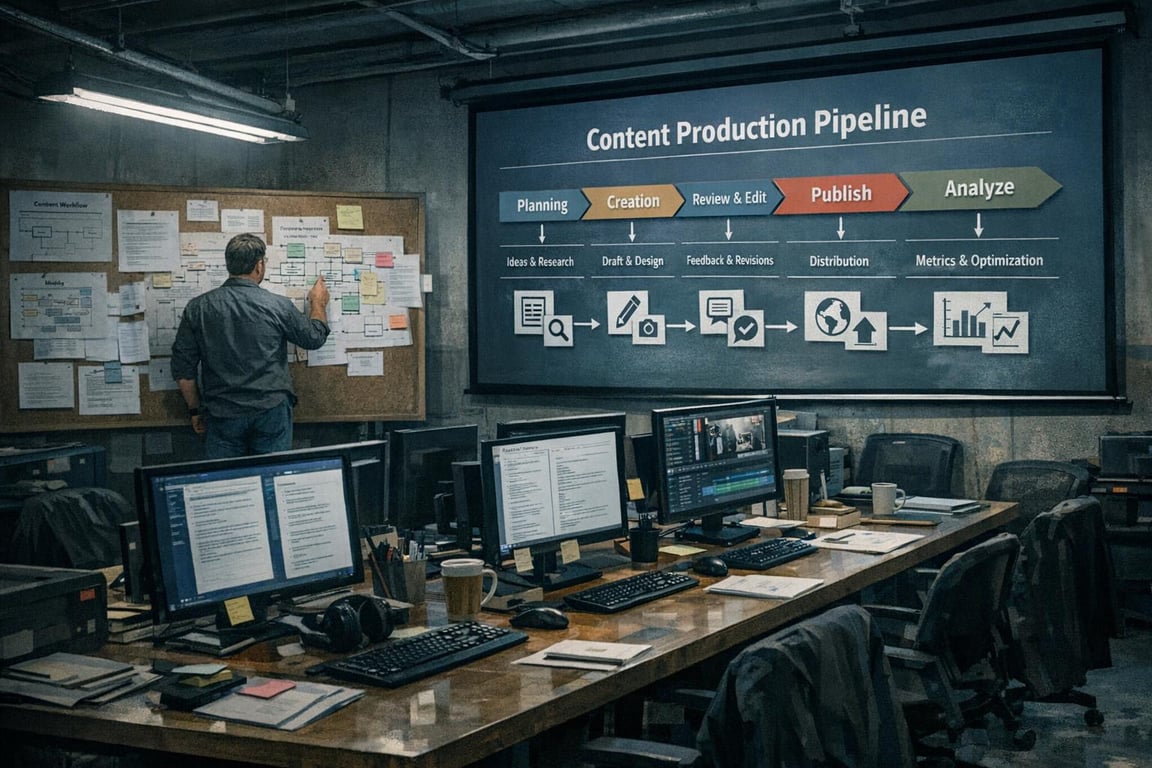 Man analyzing flowcharts on a bulletin board in a dimly lit office with computers and a content production pipeline diagram.