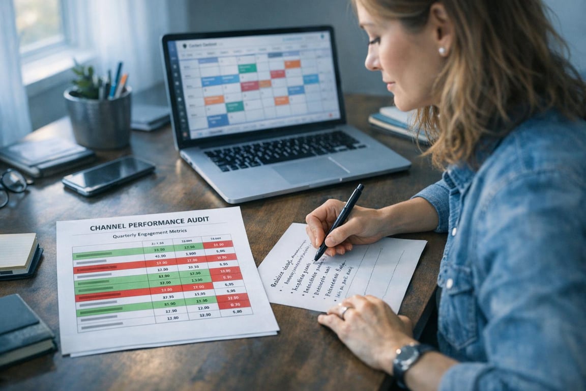 Woman writing notes next to a channel performance audit report and a laptop displaying a content calendar.