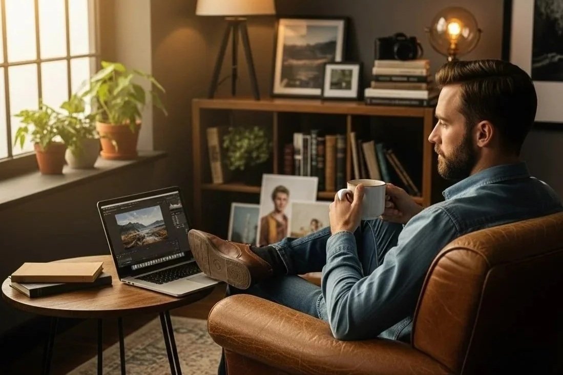 Man relaxing in a cozy room with a laptop, holding a mug, surrounded by books, plants, and framed photos.