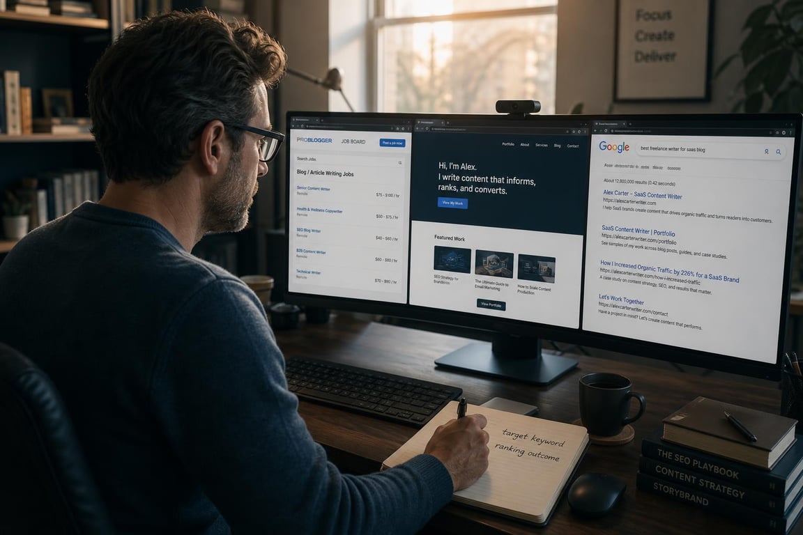 Writer researching SEO copywriting job listings with a portfolio and search results open across a wide monitor