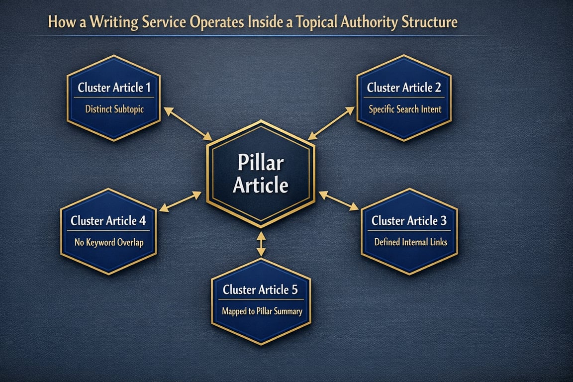 Diagram showing a writing service structure with a central pillar article linked to five cluster articles with distinct SEO strategies.