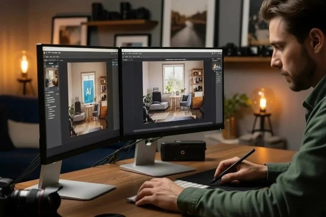 Person using dual monitors and a stylus to edit a cozy living room photo in a dimly lit workspace.