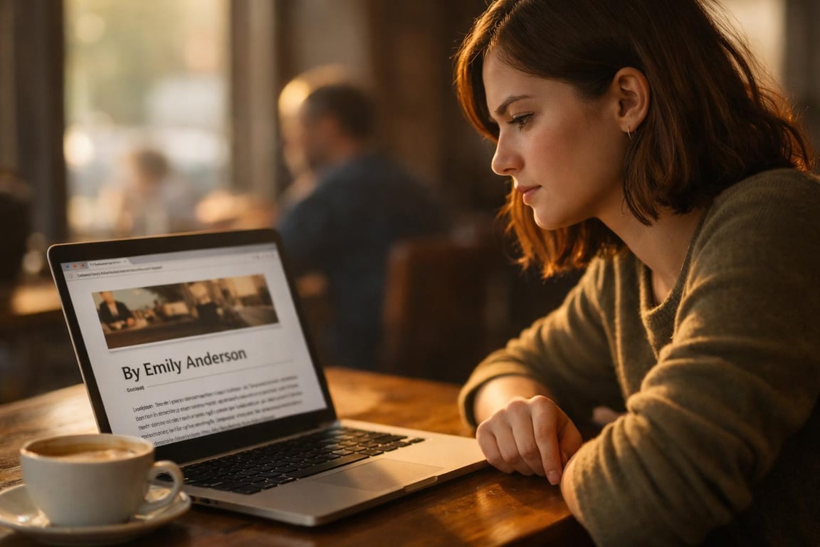 Young woman intently reading an article on a laptop in a cozy café with a cup of coffee on the table.