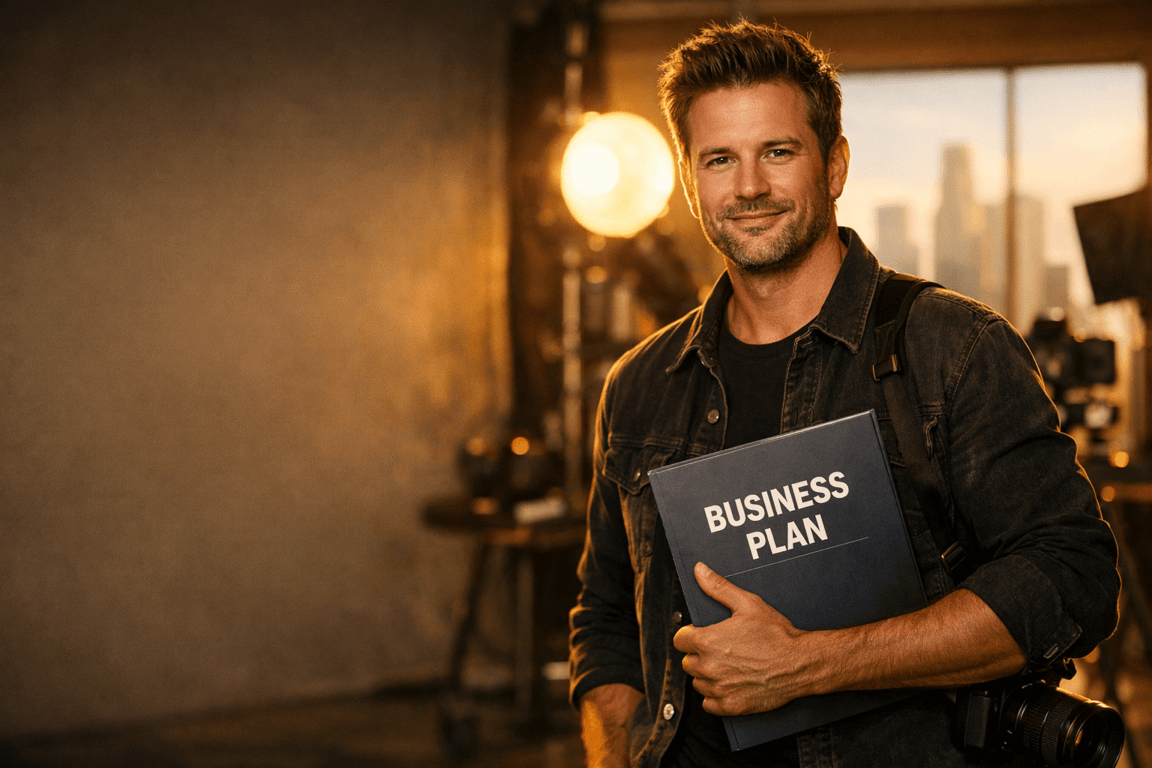 Man holding a business plan folder in a creative studio with city skyline and warm lighting in the background.
