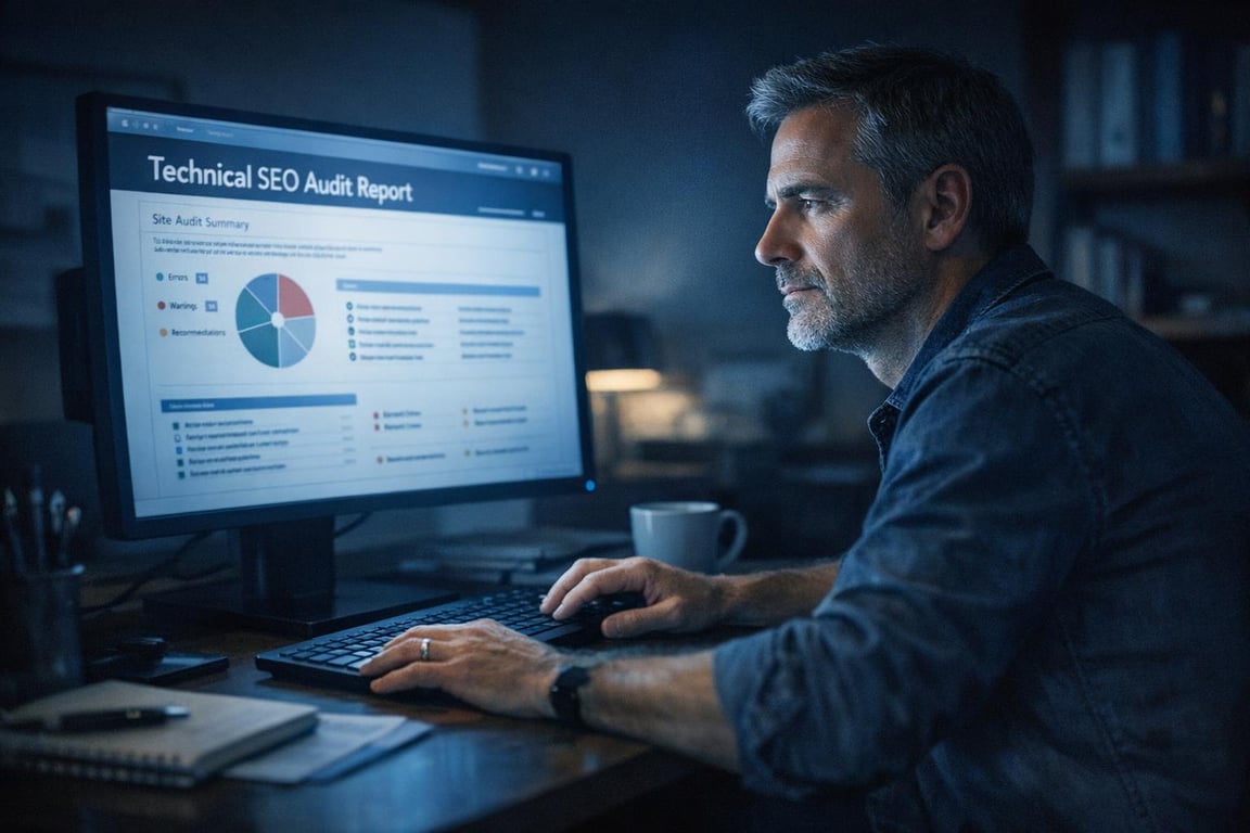 Man analyzing a technical SEO audit report on a computer screen in a dimly lit office at night.