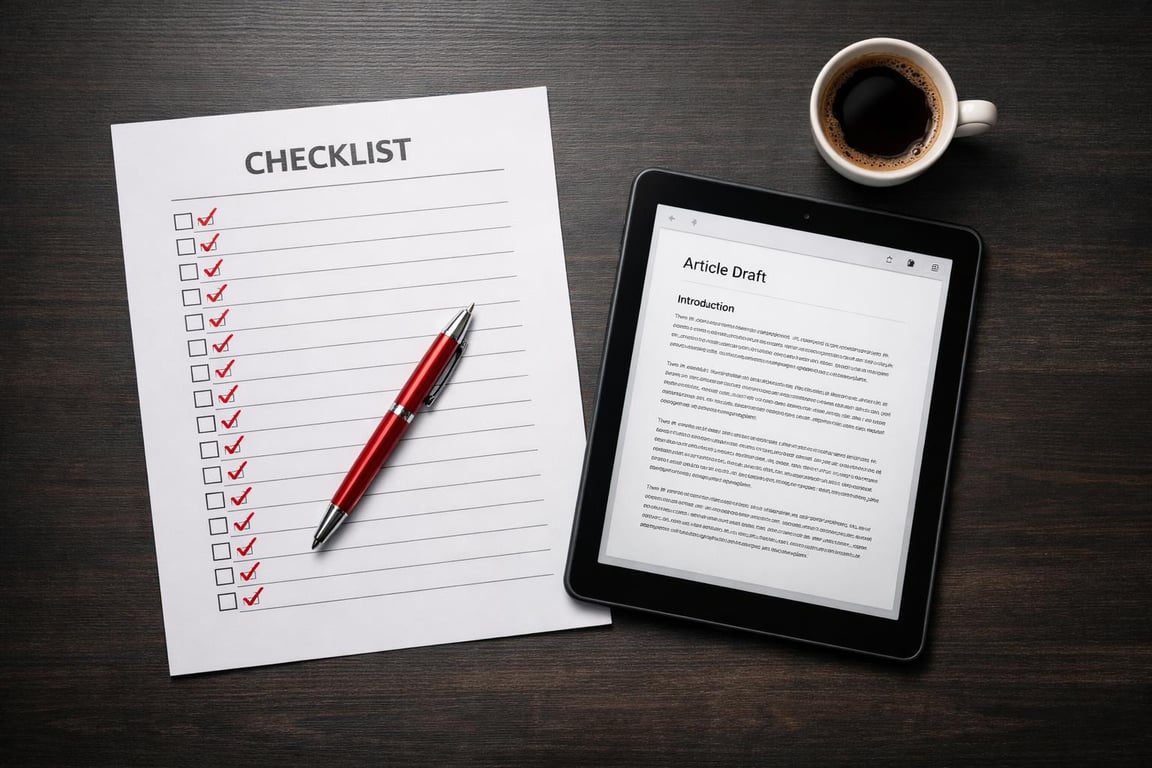 Checklist with multiple red checkmarks, red pen, tablet displaying article draft, and cup of coffee on dark wood table.