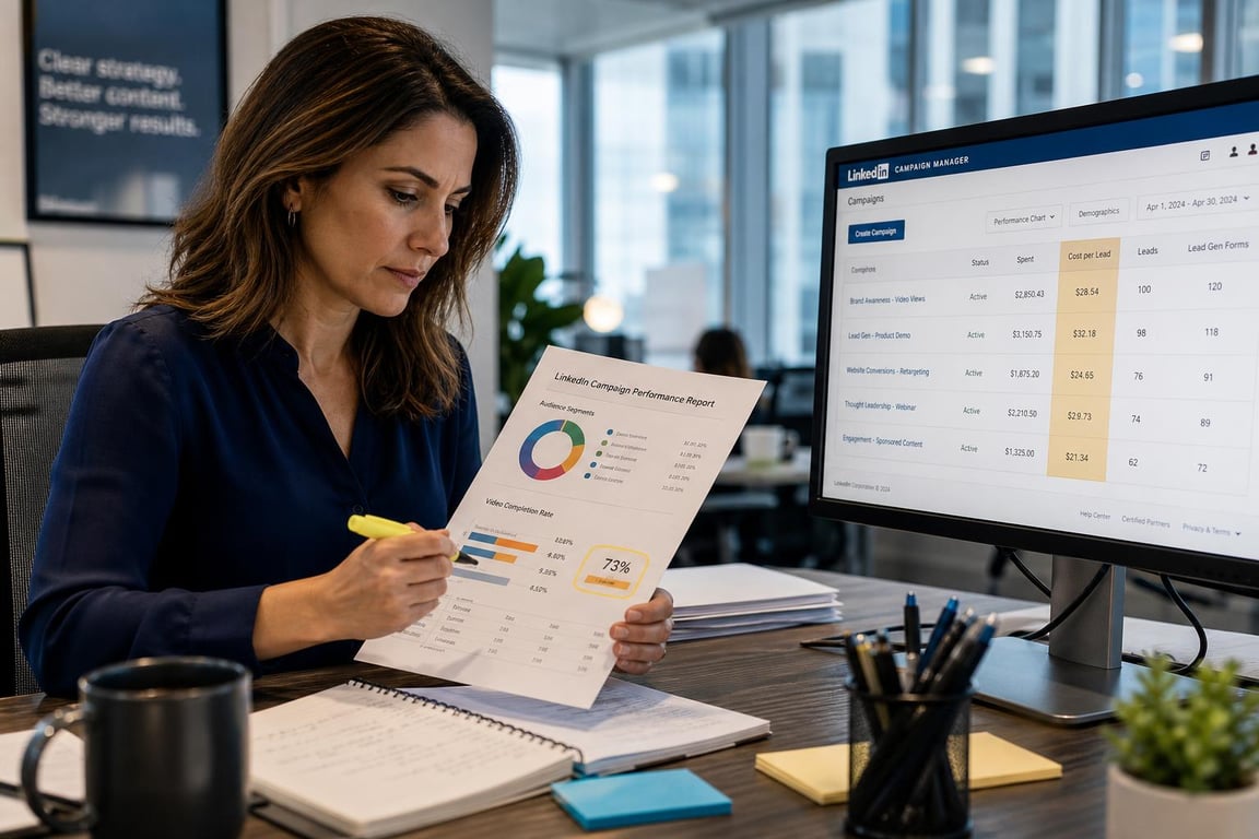 Marketing strategist reviewing a LinkedIn paid campaign performance report with video completion and cost-per-lead data highlighted