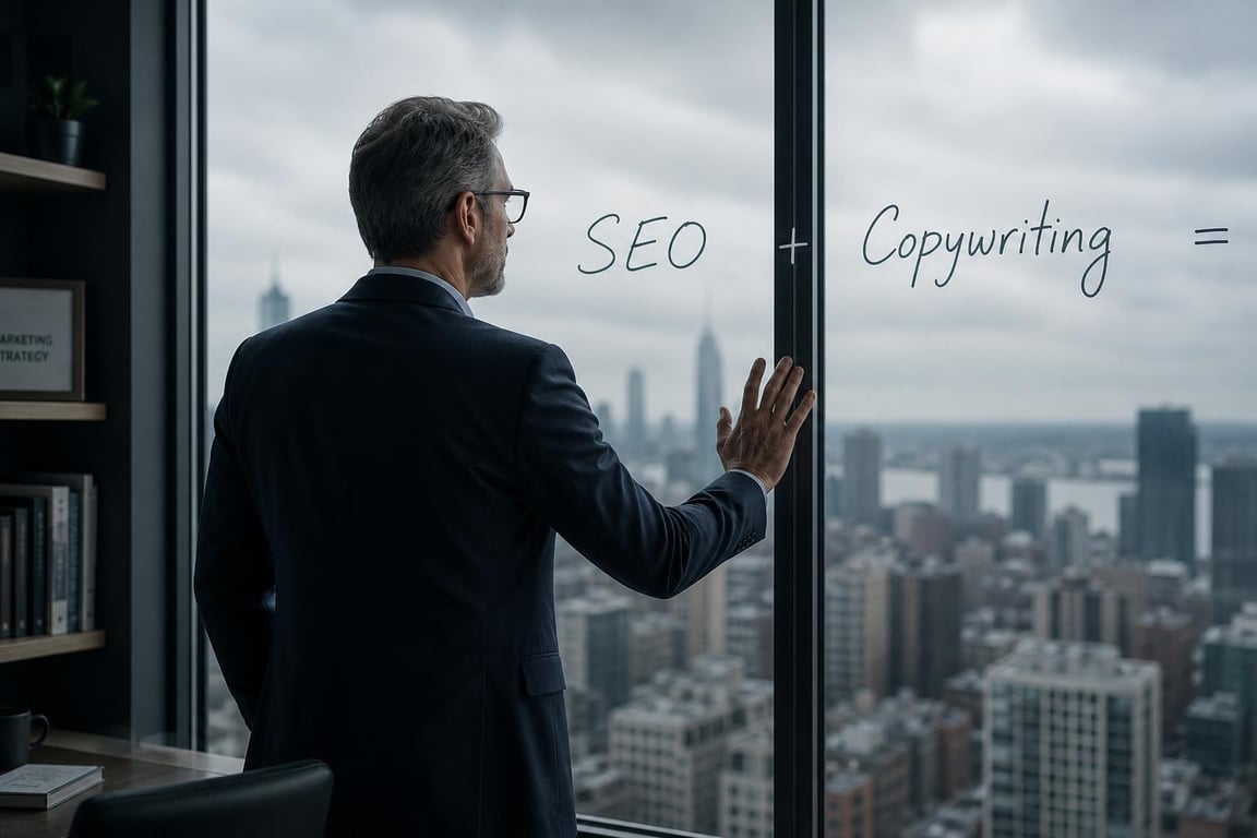 Marketing director at an office window with SEO and copywriting written on the glass, contemplating the plain-English definition