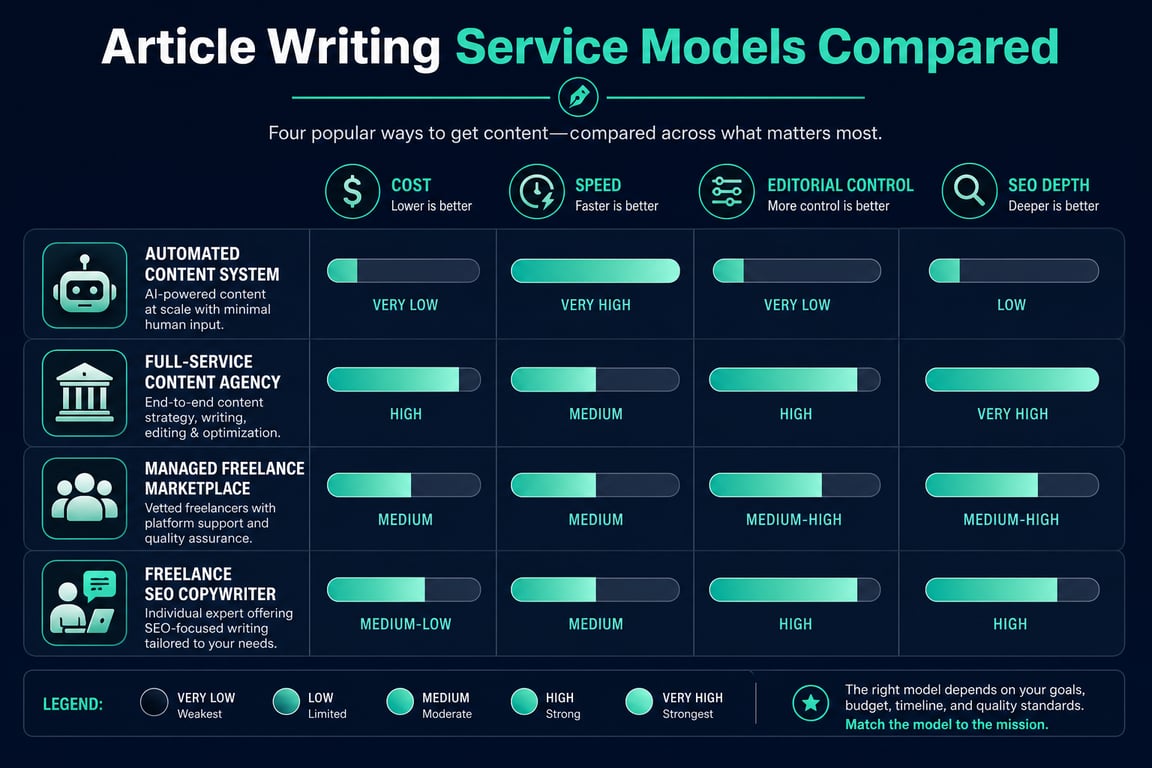 Infographic comparing four article writing service models (automated systems, agencies, managed marketplaces, and freelance SEO copywriters) across cost and SEO depth